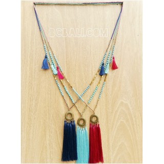 three color tassels necklace pendant gold caps beads